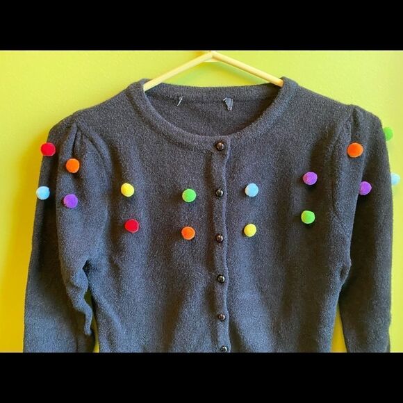 NEVER WORN Black ModCloth cardigan with colourful pom poms - Picture 4 of 8